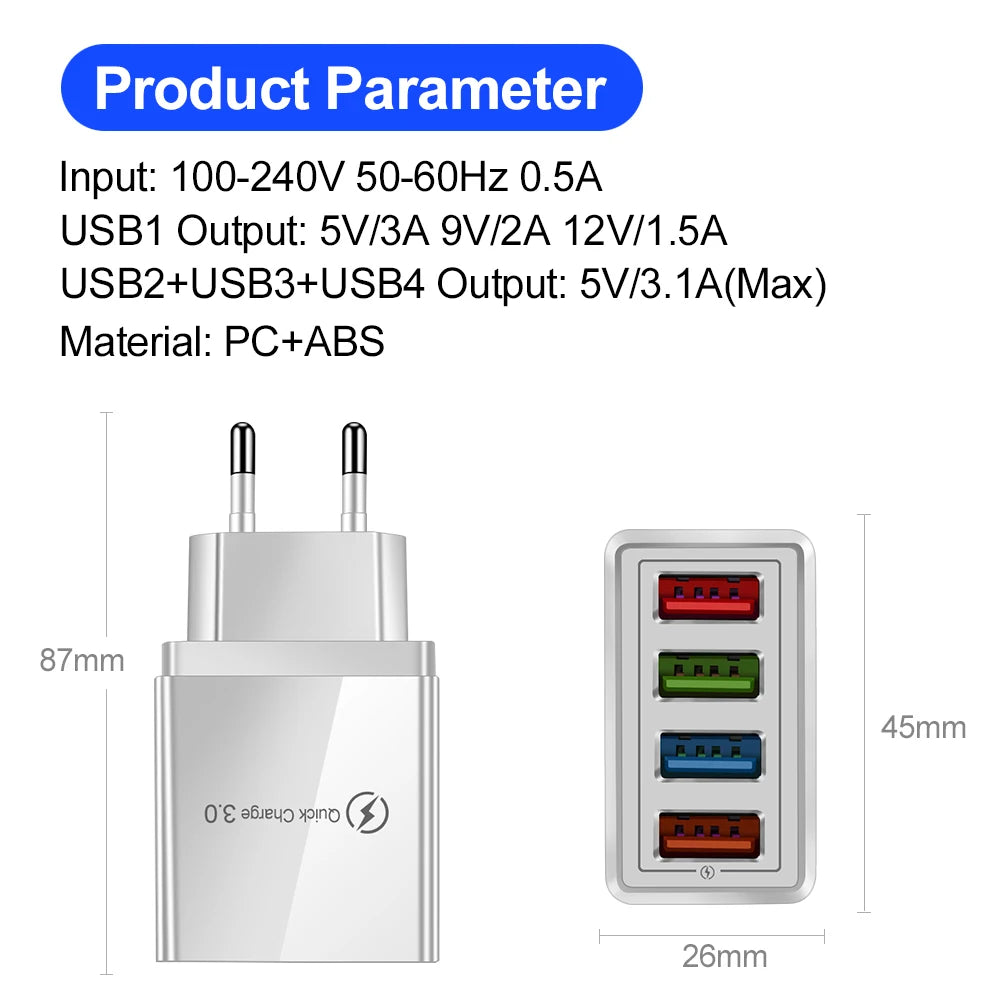 Cargador de pared USB de carga rápida 3.0 multipuerto