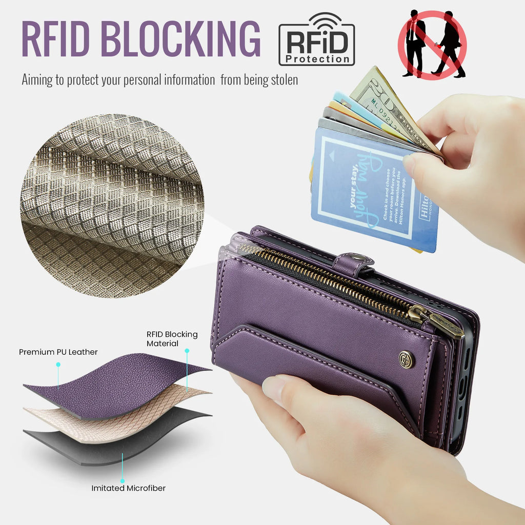 Multi-Functional RFID-Blocking Wallet Case with Crossbody Strap