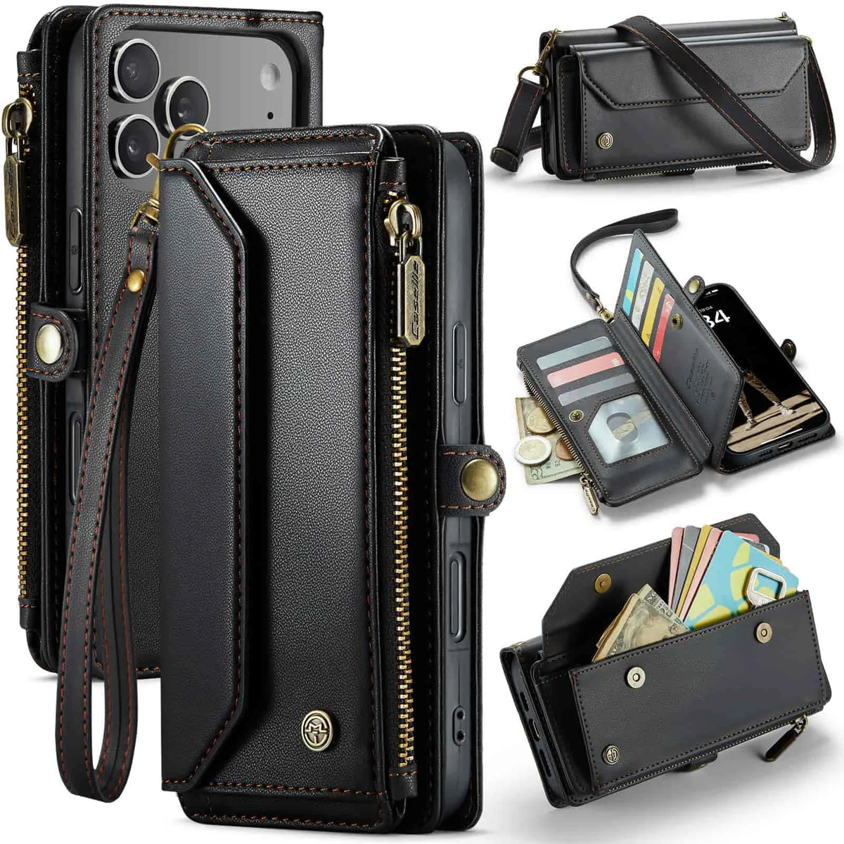 Funda tipo cartera multifuncional con bloqueo RFID y correa cruzada