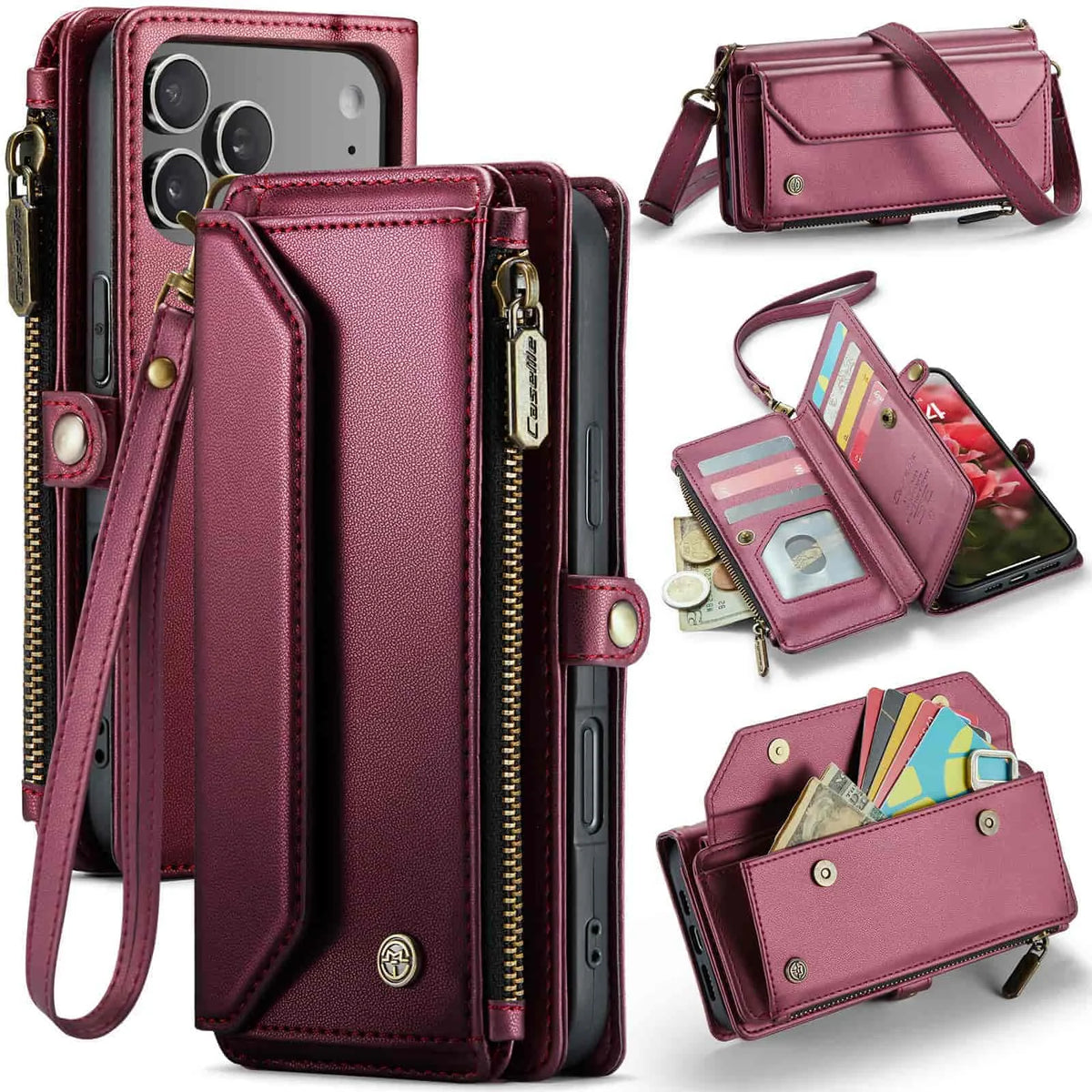 Funda tipo cartera multifuncional con bloqueo RFID y correa cruzada