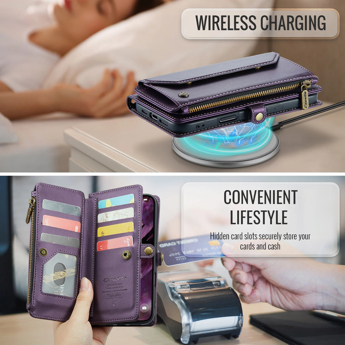 Funda tipo cartera multifuncional con bloqueo RFID y correa cruzada