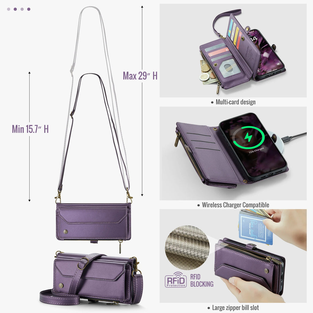 Multi-Functional RFID-Blocking Wallet Case with Crossbody Strap