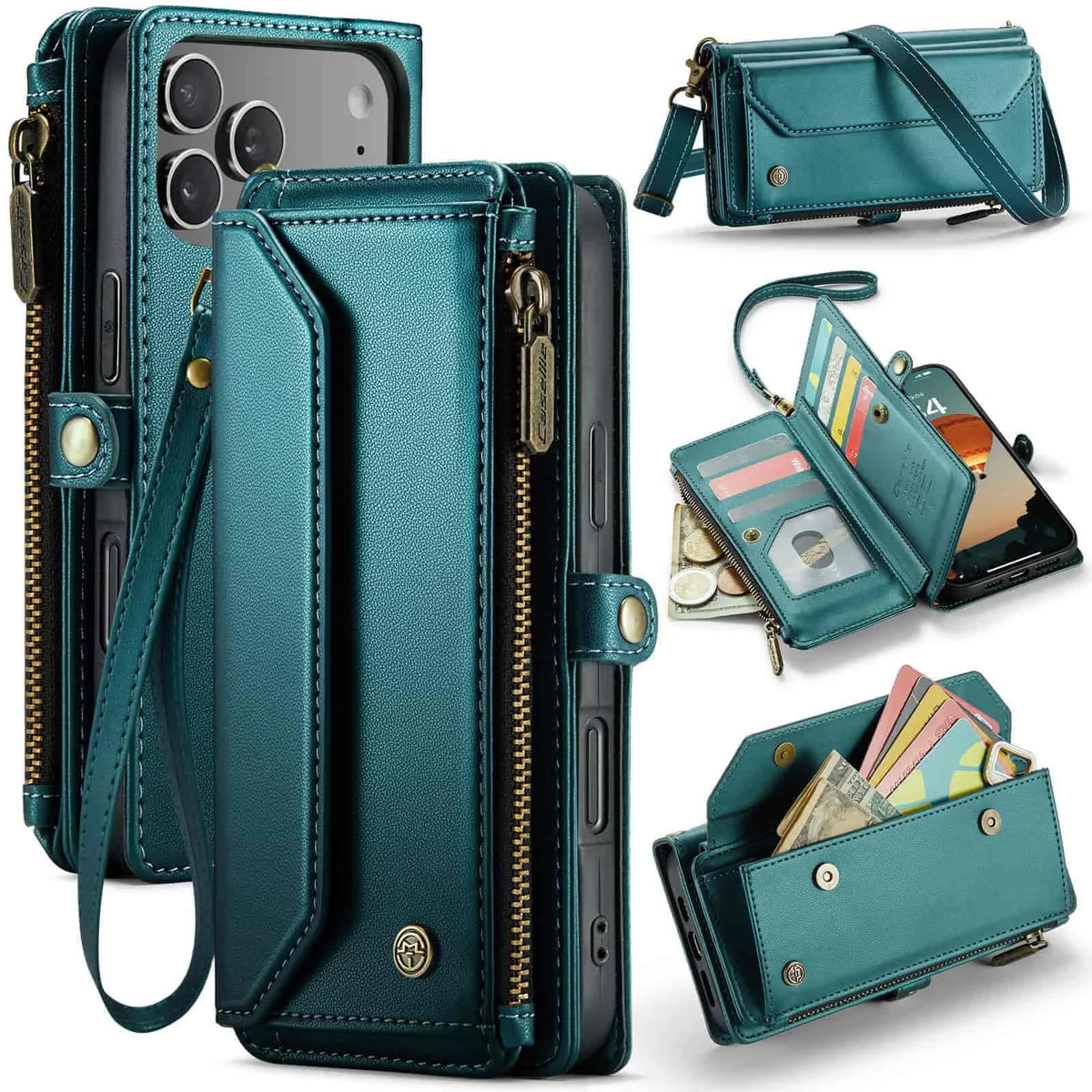Funda tipo cartera multifuncional con bloqueo RFID y correa cruzada