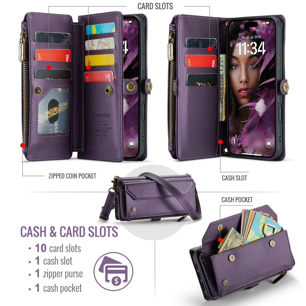 Funda tipo cartera multifuncional con bloqueo RFID y correa cruzada