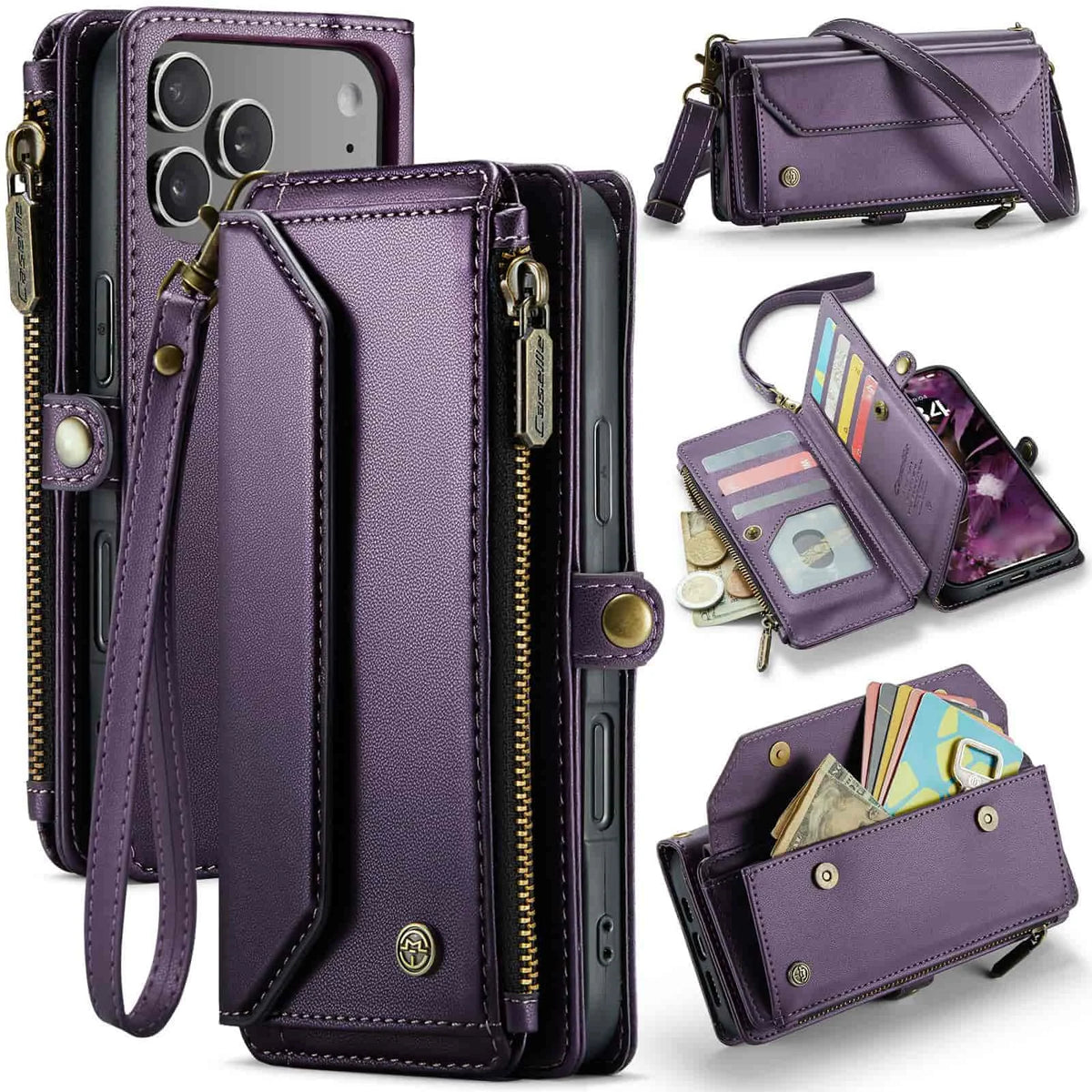 Funda tipo cartera multifuncional con bloqueo RFID y correa cruzada