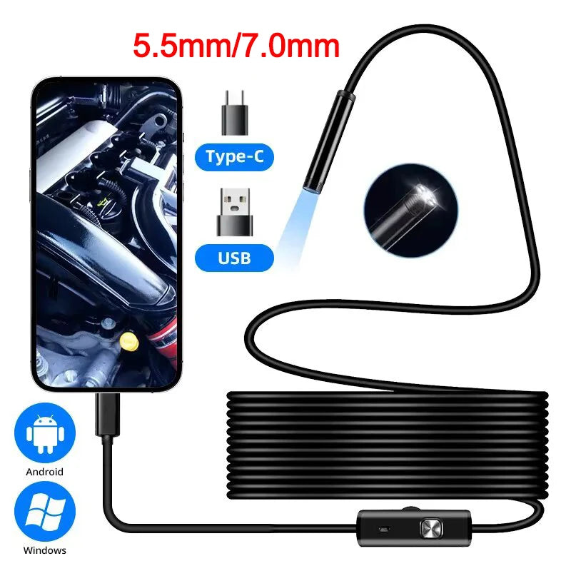 Type-C Endoscope Camera with 6 LEDs - Flexible Inspection Cable for Android & Windows