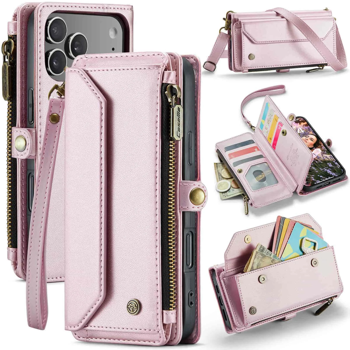 Funda tipo cartera multifuncional con bloqueo RFID y correa cruzada